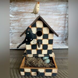 Rustic Birdhouse - Decorative Checker - Farmhouse Style With Small Drawer Design